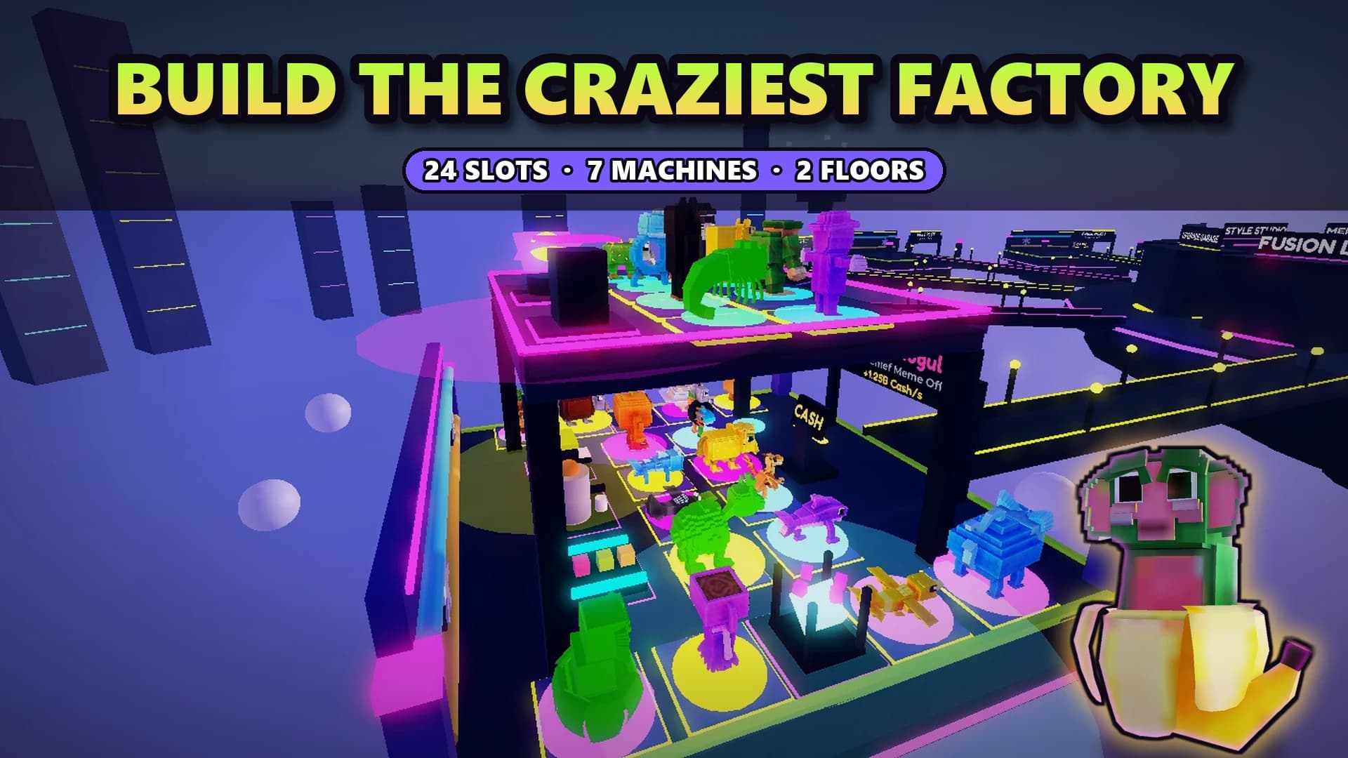 Eine zweistöckige Fabrik mit leuchtenden Slots, auf denen Brainrots stehen