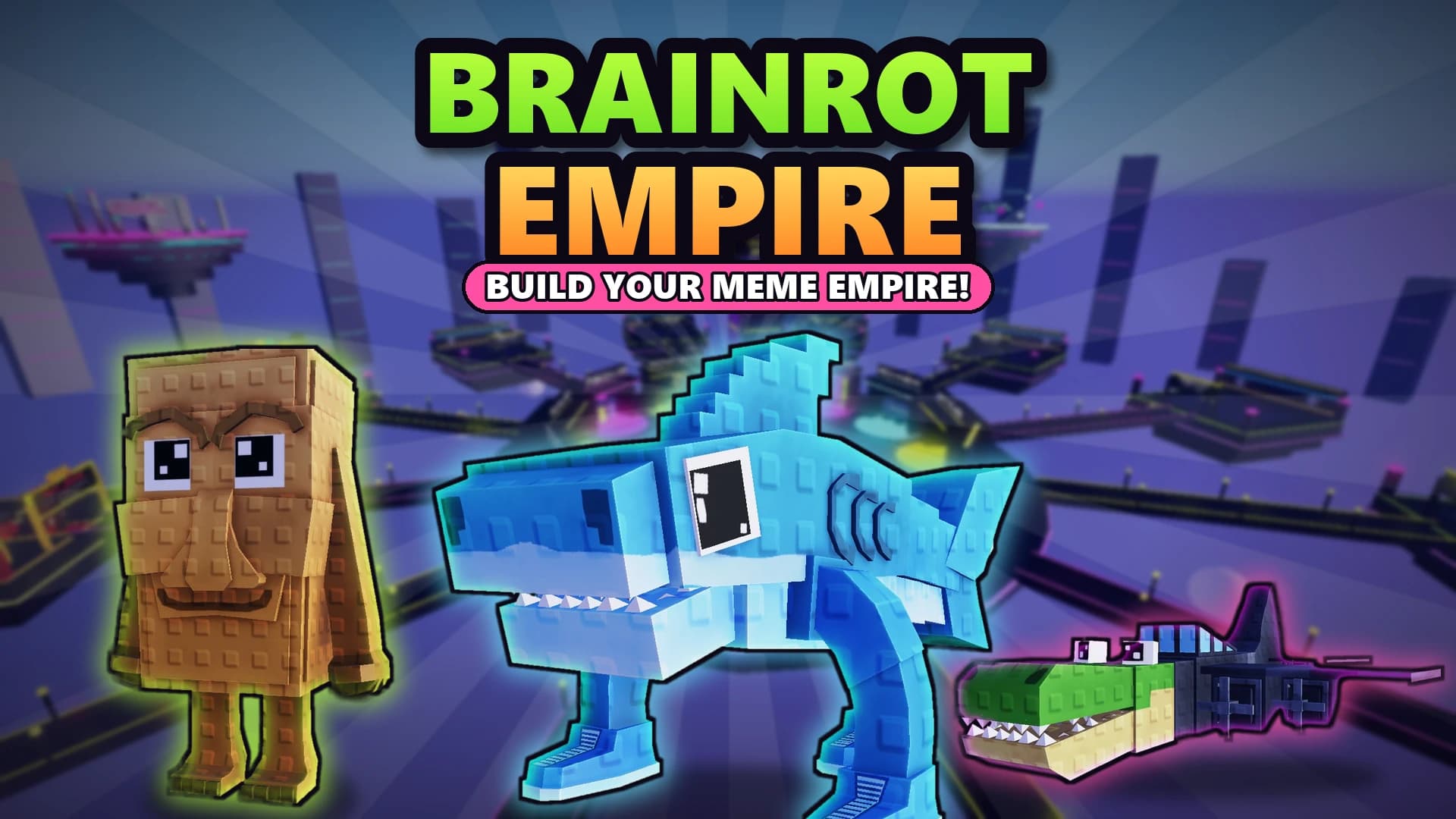 Key-Art von Brainrot Empire mit Brainrot-Figuren aus Blöcken