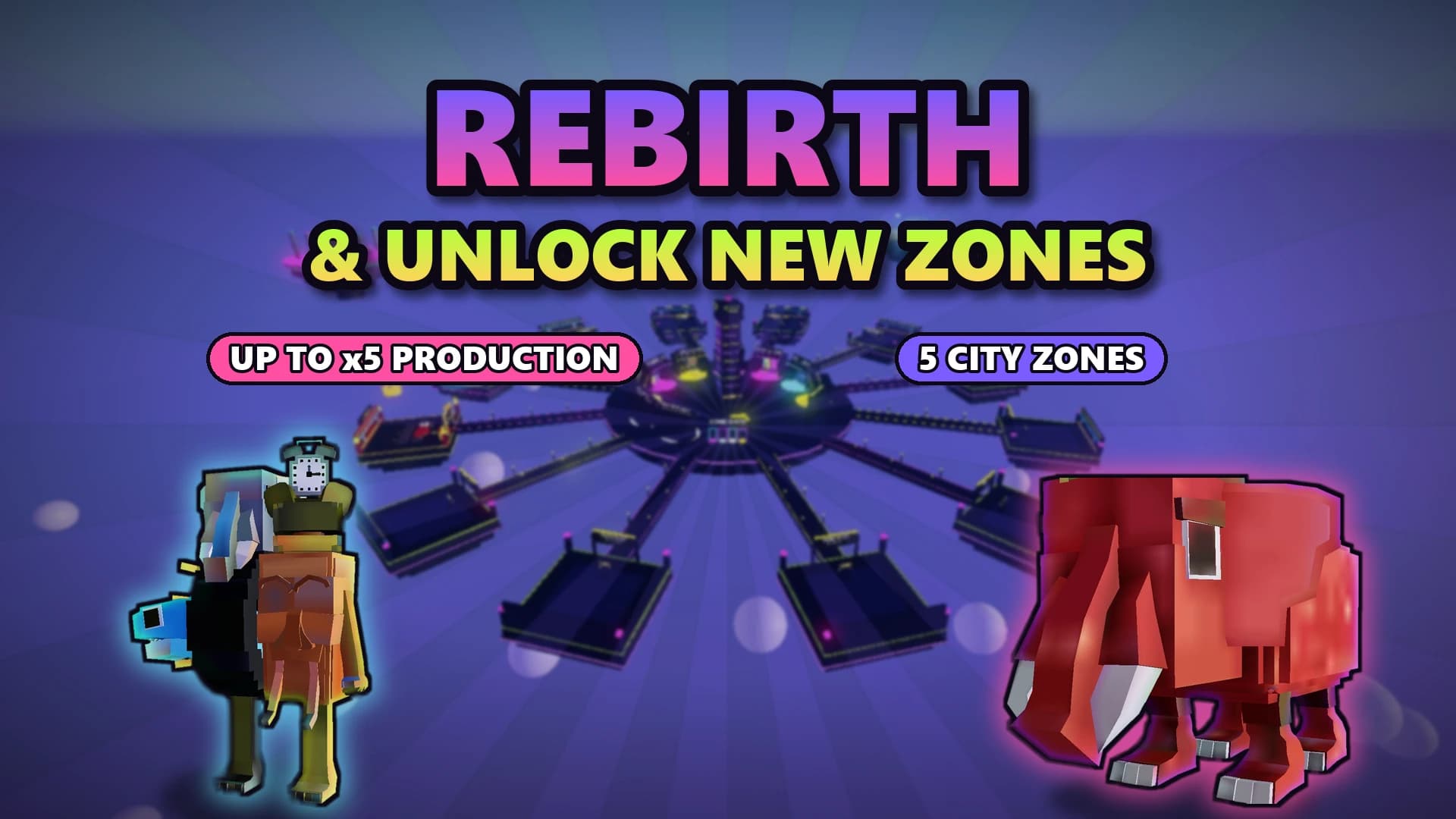 Rebirth-Bildschirm mit zwei Brainrots vor einer runden Plattform in einer neuen Zone